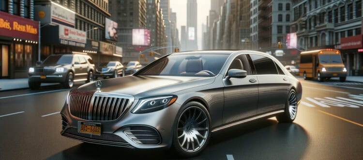 Luxury Mercedes sedan driving through city street