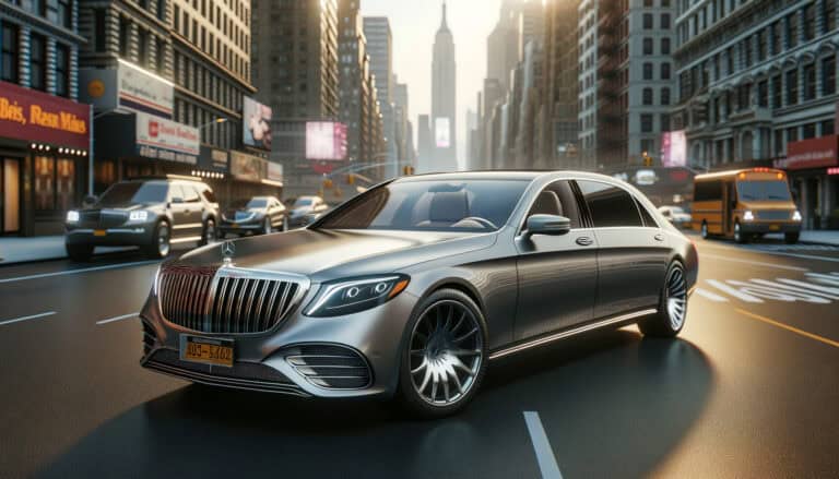 Luxury Mercedes sedan driving through city street