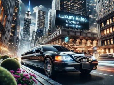 Black limousine parked in downtown city at night