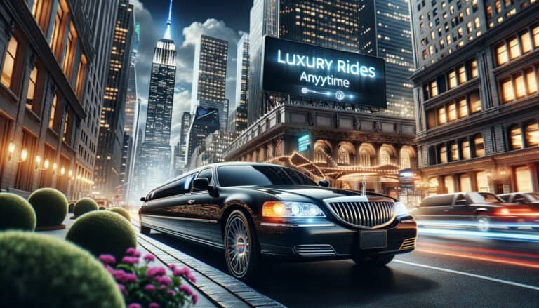 Black limousine parked in downtown city at night