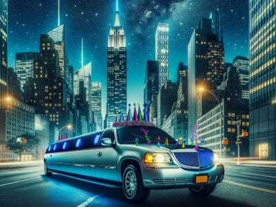 Party limousine driving through New York City at night