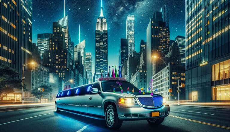 Party limousine driving through New York City at night