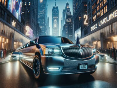 Luxury stretch limousine on city street at night
