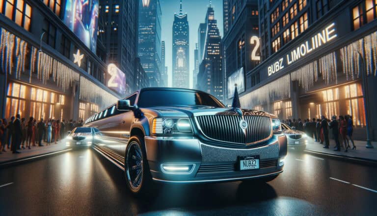 Luxury stretch limousine on city street at night
