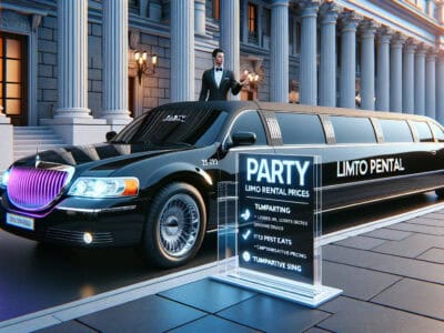 Black stretch limousine with party rental sign outside mansion