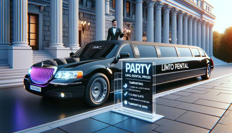 Black stretch limousine with party rental sign outside mansion