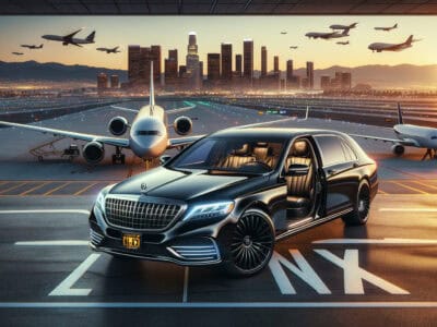 Luxury sedan on airport runway with jets