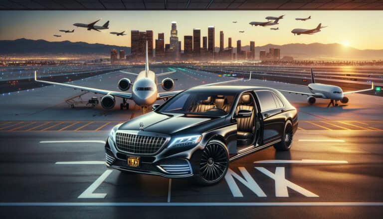 Luxury sedan on airport runway with jets