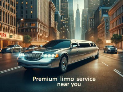 Luxury stretch limousine driving through downtown city street