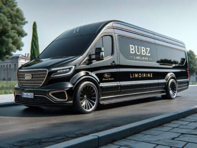 Black BUBZ limousine van parked near mansion