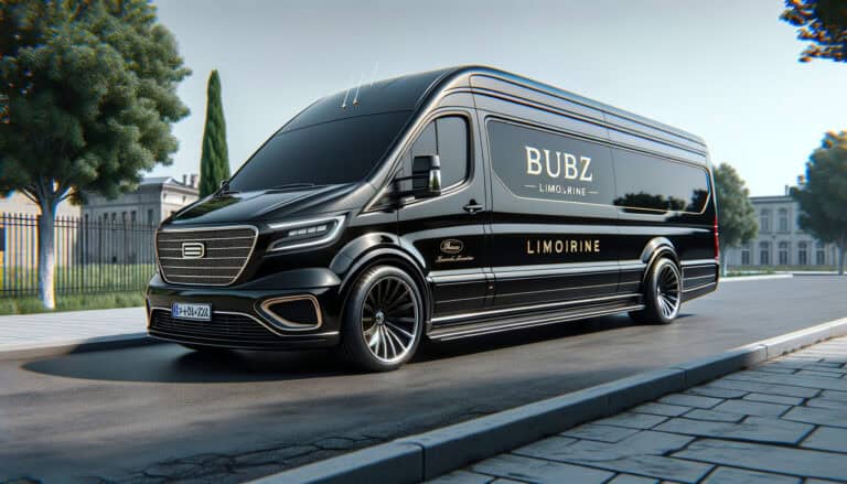Black BUBZ limousine van parked near mansion