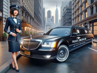 Chauffeur standing beside black stretch limousine in city