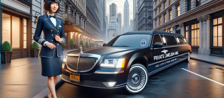 Chauffeur standing beside black stretch limousine in city