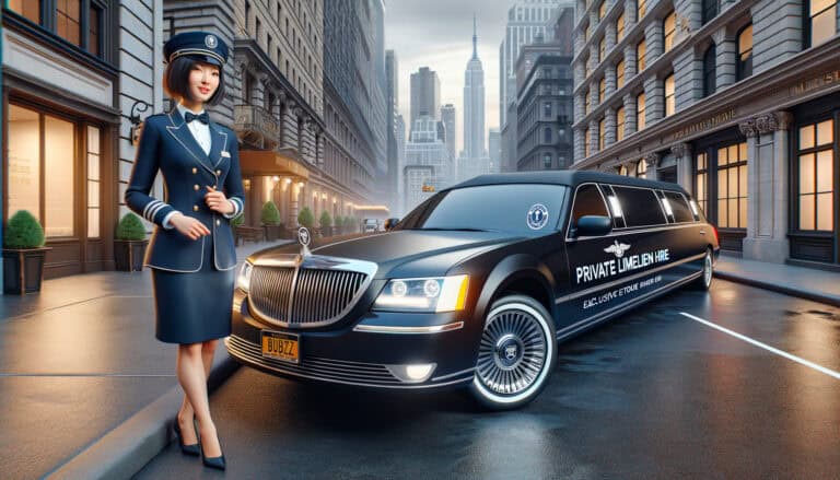 Chauffeur standing beside black stretch limousine in city