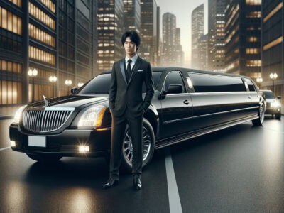 Man in suit standing before black limousine downtown