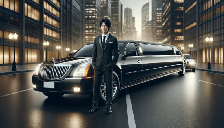 Man in suit standing before black limousine downtown