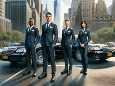 Four chauffeurs standing before black limousines in city