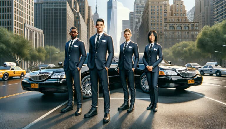 Four chauffeurs standing before black limousines in city