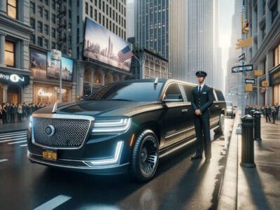 Luxury black limousine with chauffeur in city street