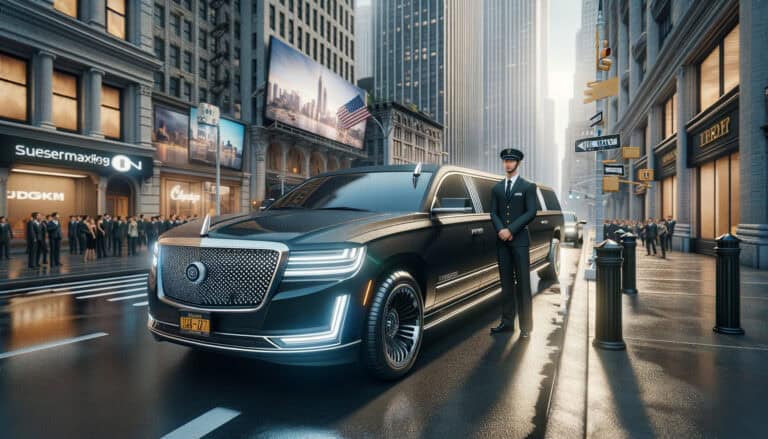 Luxury black limousine with chauffeur in city street