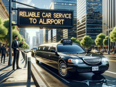 Black limousine under airport car service sign downtown