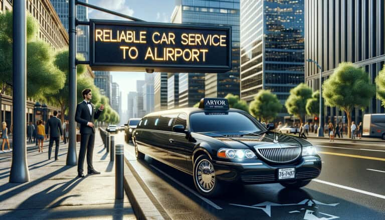 Black limousine under airport car service sign downtown