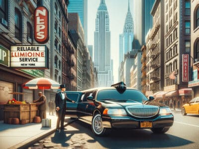 Chauffeur standing beside limousine on New York street