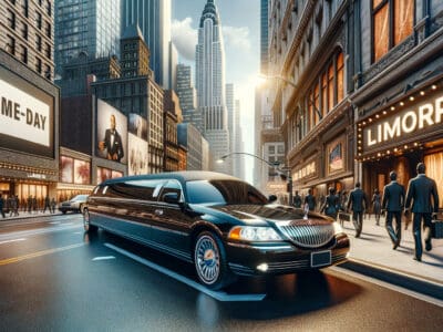 Black stretch limousine in busy downtown city street