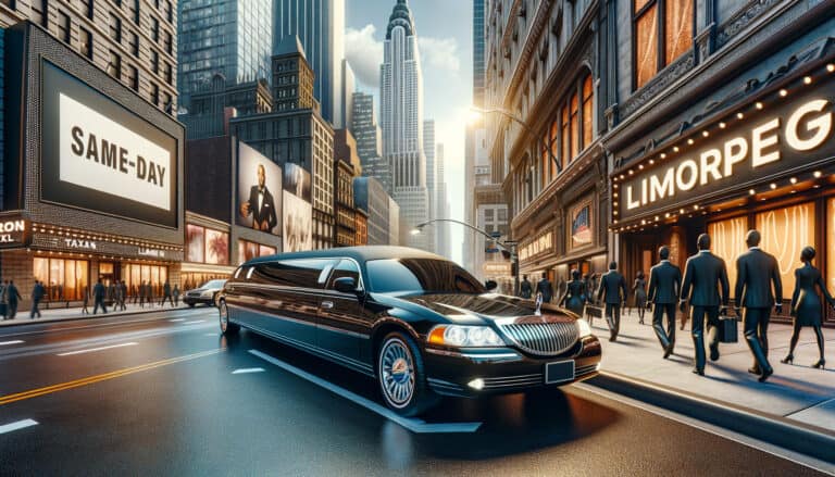 Black stretch limousine in busy downtown city street