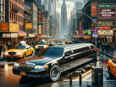 Black stretch limousine on busy New York street