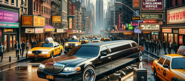 Black stretch limousine on busy New York street