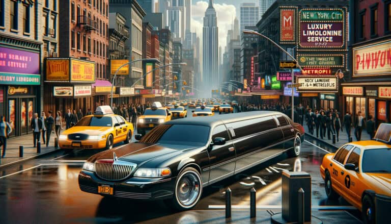 Black stretch limousine on busy New York street