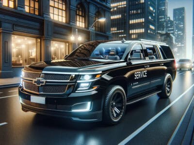 Black Chevrolet service SUV on city street at night