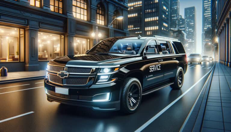 Black Chevrolet service SUV on city street at night