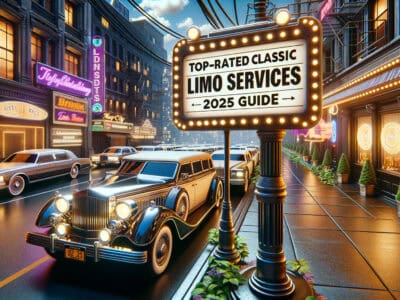Vintage limousines on neon-lit city street at night