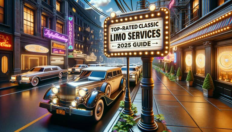 Vintage limousines on neon-lit city street at night