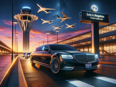 Luxury limousine at LAX terminal with planes overhead