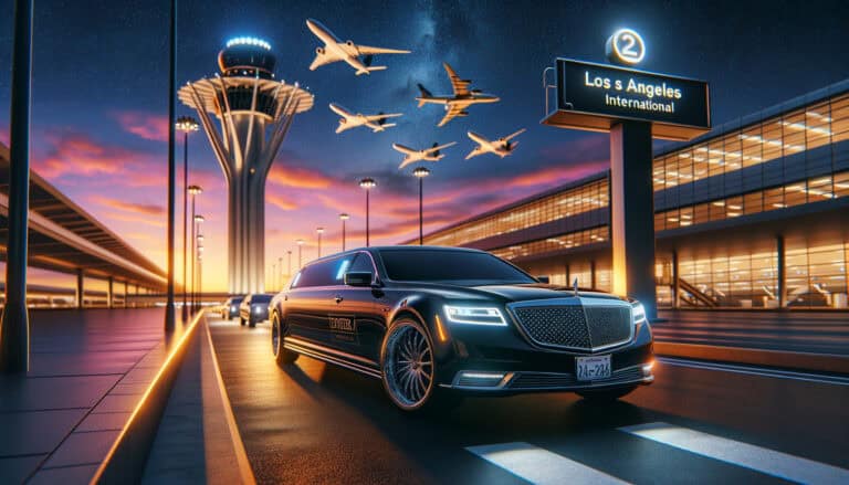 Luxury limousine at LAX terminal with planes overhead