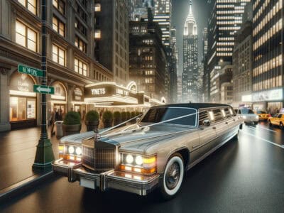Luxury stretch limousine on New York City street at night