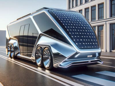 Futuristic solar-powered autonomous bus driving in city