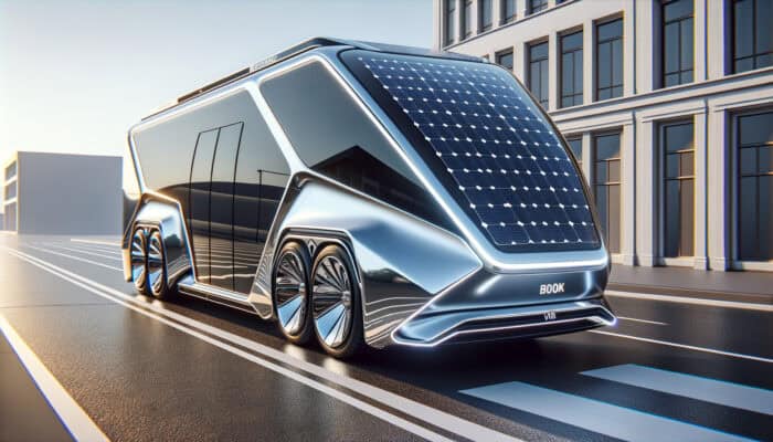 Futuristic solar-powered autonomous bus driving in city