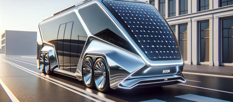 Futuristic solar-powered autonomous bus driving in city