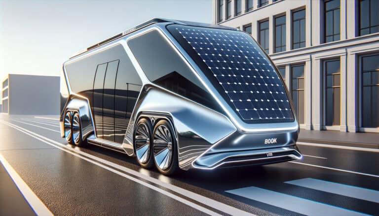 Futuristic solar-powered autonomous bus driving in city
