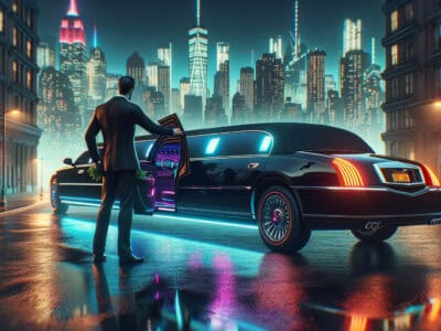 Man opening limousine in neon city at night