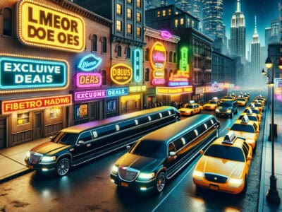Neon-lit city street with limousines and taxis at night