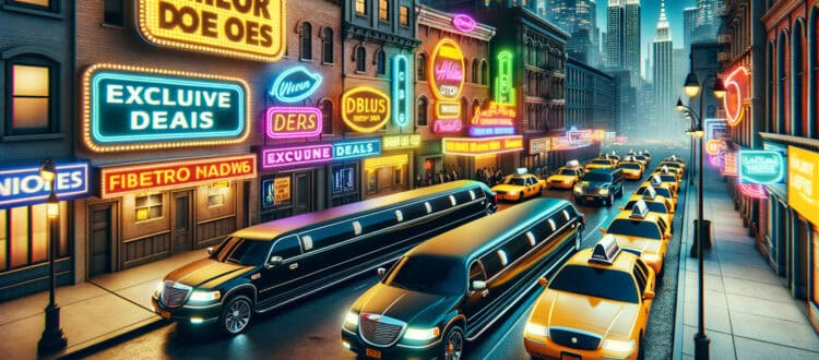 Neon-lit city street with limousines and taxis at night