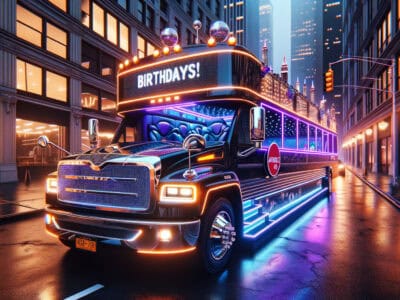 Neon-lit birthday party bus on city street at night