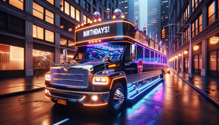 Neon-lit birthday party bus on city street at night