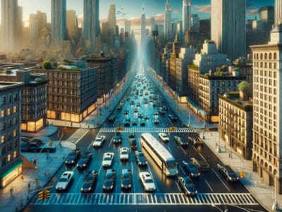 Busy city avenue with traffic and skyscrapers at sunset