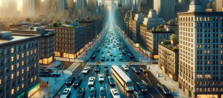Busy city avenue with traffic and skyscrapers at sunset